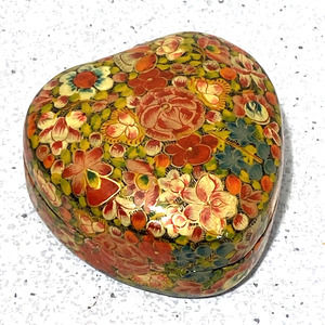 Heart shaped trinket box black lacquerware and floral decoupage keepsake holder